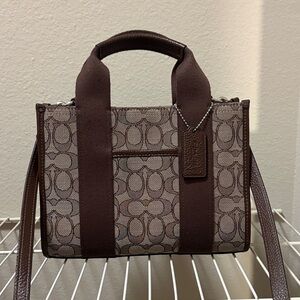 Coach Brown Signature Jacquard Tote Satchel with Contrast Straps